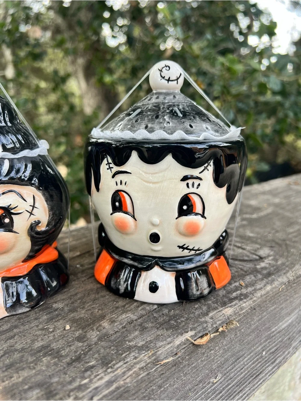 JOHANNA PARKER FRANKENSTEIN AND BRIDE OF FRANKENSTEIN FIGURAL BOWL SET WITH LIDS